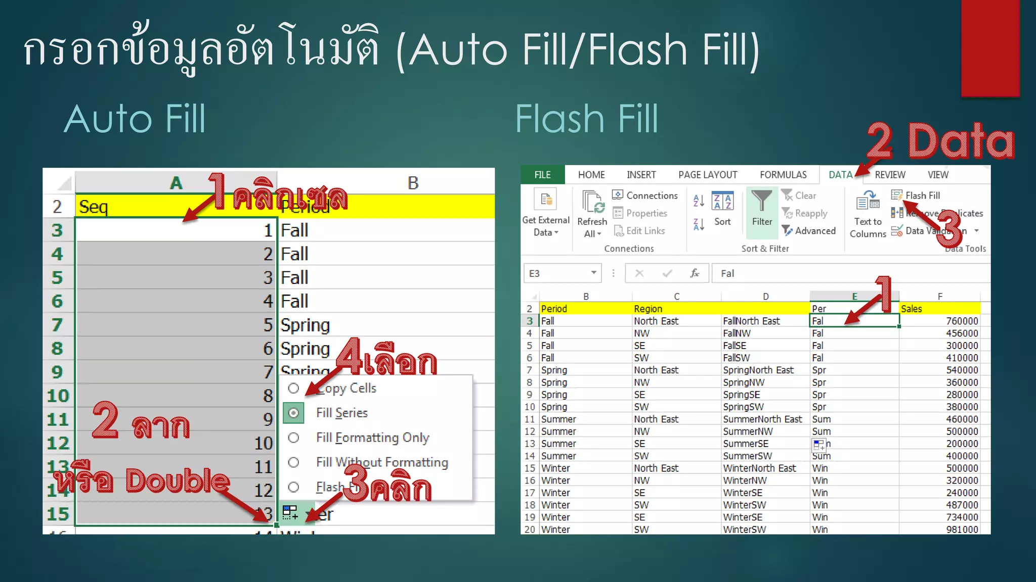 กรอกข้อมูลอัตโนมัติ (Auto Fill/Flash Fill)
Auto Fill Flash Fill
 