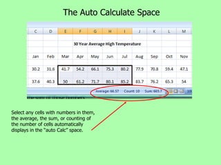 The Auto Calculate Space




Select any cells with numbers in them,
the average, the sum, or counting of
the number of cells automatically
displays in the “auto Calc” space.
 