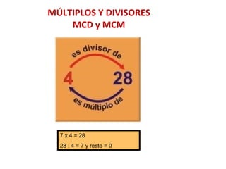MÚLTIPLOS Y DIVISORES MCD y MCM 7 x 4 = 28 28 : 4 = 7 y resto = 0 