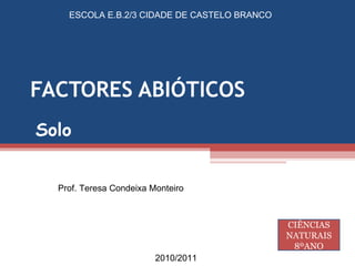 FACTORES ABIÓTICOS Solo Prof. Teresa Condeixa Monteiro ESCOLA E.B.2/3 CIDADE DE CASTELO BRANCO 2010/2011 CIÊNCIAS NATURAIS 8ºANO 