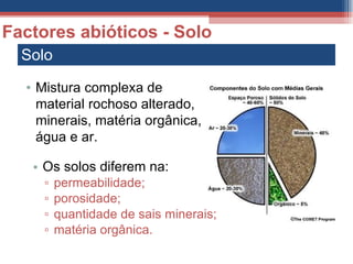 Solo Os solos diferem na: permeabilidade; porosidade; quantidade de sais minerais; matéria orgânica. Factores abióticos - Solo Mistura complexa de material rochoso alterado, minerais, matéria orgânica, água e ar. 