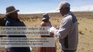 Farmer to farmer videos in a
collaborative research network
Perspectives from the collaboration between the
Collaborative Crop Research Program (CCRP) of the
McKnight Foundation and Access Agriculture
 