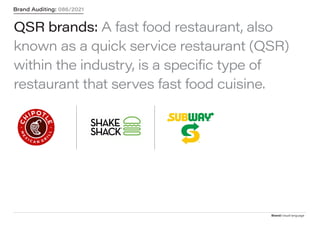 Brand/visual language
Brand Auditing: 086/2021
QSR brands: A fast food restaurant, also
known as a quick service restaurant (QSR)
within the industry, is a specific type of
restaurant that serves fast food cuisine.
Brand Auditing: 086/2021
 