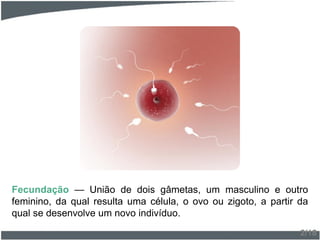Fecundação — União de dois gâmetas, um masculino e outro
feminino, da qual resulta uma célula, o ovo ou zigoto, a partir da
qual se desenvolve um novo indivíduo.
2/18
 