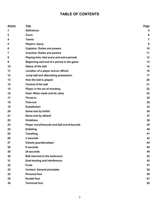 TABLE OF CONTENTS
Article Title Page
1 Definitions 5
2 Court 6
4 Teams 7
5 Players: Injury 9
6 Captains: Duties and powers 10
7 Coaches: Duties and powers 11
8 Playing time, tied score and extra periods 12
9 Beginning and end of a period or the game 13
10 Status of the ball 14
11 Location of a player and an official 16
12 Jump ball and alternating possession 17
13 How the ball is played 20
14 Control of the ball 21
15 Player in the act of shooting 22
16 Goal: When made and its value 23
17 Throw-in 25
18 Time-out 29
19 Substitution 32
20 Game lost by forfeit 36
21 Game lost by default 37
22 Violations 38
23 Player out-of-bounds and ball out-of-bounds 39
24 Dribbling 40
25 Travelling 41
26 3 seconds 43
27 Closely guarded player 44
28 8 seconds 45
29 24 seconds 48
30 Ball returned to the backcourt 52
31 Goal tending and interference 55
32 Fouls 57
33 Contact: General principles 58
34 Personal foul 59
35 Double foul 61
36 Technical foul 62
3
 