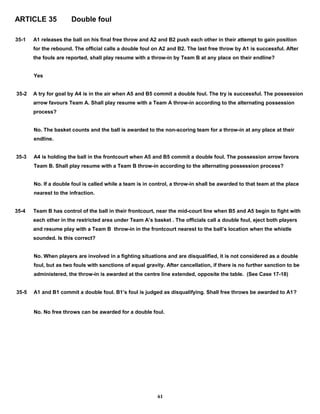 ARTICLE 35 Double foul
35-1 A1 releases the ball on his final free throw and A2 and B2 push each other in their attempt to gain position
for the rebound. The official calls a double foul on A2 and B2. The last free throw by A1 is successful. After
the fouls are reported, shall play resume with a throw-in by Team B at any place on their endline?
Yes
35-2 A try for goal by A4 is in the air when A5 and B5 commit a double foul. The try is successful. The possession
arrow favours Team A. Shall play resume with a Team A throw-in according to the alternating possession
process?
No. The basket counts and the ball is awarded to the non-scoring team for a throw-in at any place at their
endline.
35-3 A4 is holding the ball in the frontcourt when A5 and B5 commit a double foul. The possession arrow favors
Team B. Shall play resume with a Team B throw-in according to the alternating possession process?
No. If a double foul is called while a team is in control, a throw-in shall be awarded to that team at the place
nearest to the infraction.
35-4 Team B has control of the ball in their frontcourt, near the mid-court line when B5 and A5 begin to fight with
each other in the restricted area under Team A’s basket . The officials call a double foul, eject both players
and resume play with a Team B throw-in in the frontcourt nearest to the ball’s location when the whistle
sounded. Is this correct?
No. When players are involved in a fighting situations and are disqualified, it is not considered as a double
foul, but as two fouls with sanctions of equal gravity. After cancellation, if there is no further sanction to be
administered, the throw-in is awarded at the centre line extended, opposite the table. (See Case 17-18)
35-5 A1 and B1 commit a double foul. B1’s foul is judged as disqualifying. Shall free throws be awarded to A1?
No. No free throws can be awarded for a double foul.
61
 