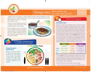Subsecretaría de Educación Básica Escuelas de Tiempo Completo
¿Qué necesito saber?
Aprender a alimentarse correctamente es fácil si se conoce El plato del
bien comer y los tres grupos de alimentos que lo forman: verduras y
frutas, cereales, y leguminosas y alimentos de origen animal. El dibujo
de El plato muestra algunos ejemplos de alimentos que pertenecen a
cada grupo. Todos los grupos de alimentos son igual de importantes,
por eso es necesario comer de los tres; de esta manera, el cuerpo ob-
tiene todos los nutrimentos que necesita. La idea principal para estar
bien alimentados es combinar y variar. Combinar significa incluir por
lo menos un alimento de cada grupo en cada comida principal (desa-
yuno, comida y cena), como se observa en el ejemplo que se muestra
en el cuadro siguiente. En la comida, del grupo de verduras y frutas se
incluyen calabacitas con elotes; del grupo de cereales, el arroz, y del
grupo de leguminosas y alimentos de origen animal, el huevo.
FICHA 19Naranja dulce, limón partido, hay
que comer bien y surtido
Información general
¿De qué otra manera
lo puedo hacer?
Elaboren un collage con diferen-
tes alimentos de cada grupo de
El plato del bien comer (verduras
y frutas, cereales y leguminosas,
y alimentos de origen animal):
acomoden cada alimento dentro
del espacio designado para esa
categoría.
Actividades complementarias
o variantes de la actividad
La idea de variar consiste en intercambiar los alimentos que están en
un mismo grupo en las distintas comidas. Por ejemplo, en los menús
del cuadro, del grupo de cereales hay tortillas, arroz y galletas; son di-
ferentesperopertenecenalmismogrupo.Lomismohayquehacercon
los otros grupos, como en el ejemplo.
Acerca del Plato del bien comer puedes consultar la página:
<http://www.facmed.unam.mx/deptos/salud/periodico/30%20plato/index.html>
Grupo 1: Grupo 2: Grupo 3:
verduras y frutas cereales
leguminosas y alimentos
de origen animal
DESAYUNO Melón en rebanadas Tortillas Frijoles
COMIDA Calabacitas con elotes Arroz blanco Huevo estrellado
CENA Salsa pico de gallo Galletas saladas Atún
compartirán con los otros equipos. Los adultos escribirán el menú y la receta que escogieron. Los niños
realizarán un dibujo o ilustración del menú, de la receta o de ambos. Con todos los menús y las recetas
podrán elaborar un recetario, y fotocopiarlo
para que todos lo tengan.
7. Utiliza los menús que elaboraron para armar
un periódico mural; enfatiza que los menús
combinados también son muy sabrosos.
8. Invita a los asistentes a que, en casa, preparen
un lunch saludable para llevar al día siguiente.
Pueden compartir con su familia lo aprendido
para que les ayuden a prepararlo y para que
traten de realizar menús combinados con los
tres grupos de alimentos.
04C_Fichero_ Vida_FINAL.indd 40 28/11/13 12:17
 