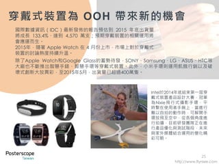 25
穿戴式裝置為 OOH 帶來新的機會
國際數據資訊（IDC）最新發佈的報告預估到 2015 年底出貨量
將成長 133.4%、達到 4,570 萬支；預期穿戴裝置的相關運用將
會應運而生。
2015年，隨著 Apple Watch 在 4 月份上市，市場上對於穿戴式
裝置的討論熱度持續升溫。
除了Apple Watch和Google Glass的蓄勢待發，SONY、Samsung、LG、ASUS、HTC等
大廠也不斷推出智慧手錶、智慧手環等穿戴式裝置。此外，小米手環則運用飢餓行銷以及破
壞式創新大放異彩，至2015年5月，出貨量已超過400萬隻。
Intel於2014年底結束第一屆穿
戴式裝置產品設計大賽，冠軍
為Nixie飛行式攝影手環，平
時繫在使用者手腕上，當進行
難以自拍的動作時，可解開手
環放飛至空中，從各個角度進
行拍攝，目前研發團隊正在進
行產品優化與測試階段，未來
與家外媒體結合運用的變化精
彩可期。
http://www.flynixie.com
 