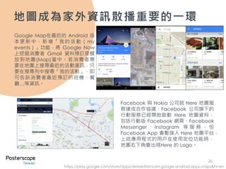 26
地圖成為家外資訊散播重要的一環
https://play.google.com/store/apps/details?id=com.google.android.apps.maps&hl=en
Google Map在最近的 Android 版
本更新中，新增「我的活動（my
events）」功能，將 Google Now
上挖掘消費者 Gmail 資料預訂提醒
放到地圖(Map)當中。若消費者需
要在地圖上搜尋最近的活動資訊，只
要在搜尋列中搜尋「我的活動」，即
可告訴消費者最近預訂的班機、餐
廳…等資訊。
Facebook 與 Nokia 公司就 Here 地圖服
務達成合作協議，Facebook 公司旗下的
行動服務已經開始啟動 Here 地圖資料，
包括行動版 Facebook 網頁、Facebook
Messenger 、 Instagram 等 服 務 ， 但
Facebook App 會暫接入 Here 地圖平台，
上述應用程式的用戶在使用定位功能時，
地圖右下角會出現Here 的 Logo。
 