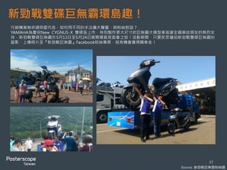 新勁戰雙碟巨無霸環島趣！
37
Source: 新勁戰巨無霸粉絲團
行銷機車無非請明星代言，如何用不同的手法擴大聲量、與粉絲對話？
YAMAHA為慶祝New CYGNUS-X 雙碟版上市，特別製作更大尺寸的巨無霸大模型車答謝全國車迷朋友的熱烈支
持，新勁戰雙碟巨無霸於5月13日至5月24日展開環島見面會之旅！活動期間，只要民眾獵拍新勁戰雙碟巨無霸的
蹤影，上傳照片至『新勁戰巨無霸』Facebook粉絲專頁，就有機會獲得購車金！
 