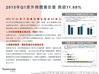 2015年Q1家外媒體廣告量 衰退11.68%
4
2015 年 Q1 家 外 媒 體 承 攬 金 額 達 9.4 億 元
2015年Q1尼爾森監播五大(電視、報紙、雜誌、廣播、家外)媒體廣告承攬
金額達100.0億元，相較2014年同期衰退5.61%；其中家外媒體2015年Q1承
攬金額達9.4億元(佔整體媒體預算9%)，相較去年同期衰退11.68% 。
二月份投資聲量呈現成長，幅度7.14%
就單月份分析：一月份與三月份廣告投資聲量相較去年同期呈現衰退，幅度
為26.93%、11.12%，二月份廣告投資聲量呈現成長，幅度達7.14%，主因與
2015年農曆春節落在二月份不無關係。
大樓電視螢幕、電影院廣告投資額成長
就類型別分析：就尼爾森監播五小類別中(交通媒體、電影院、看板與大樓
電視螢幕、百貨公司電視牆) ，2015年Q1家外廣告量大樓電視螢幕、電影院、
百貨公司電視牆相較去年同期呈現成長，幅度為7.86%、5.43%；百貨公司
電視牆成長主因家外監播數量的增加，後續可持續觀察；交通媒體與看板類
則呈現衰退，看板因監播數量減少，相較去年同期衰退31.08%；交通媒體衰
退14.11%。
2014年/2015年權值:無線0.076,有線0.052,報紙0.31,雜誌0.43,廣播0.29,戶外1；資料來源: XPRN, Nielsen ；單位:千元
2015 年尼爾森監播戶外媒體為11家：合和、奧多、博菲遜、漢可威、亞加、通路媒體、漁歌、九井、分眾、強力、新極現、宏宣科技媒體
 
