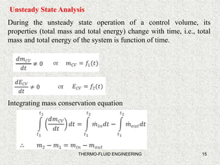 15
Unsteady State Analysis
During the unsteady state operation of a control volume, its
properties (total mass and total energy) change with time, i.e., total
mass and total energy of the system is function of time.
Integrating mass conservation equation
THERMO-FLUID ENGINEERING
 