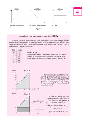 MRUV                                        MRUV                                       MRU              A U L A


                                                                                                                     4
           acelerado                                 desacelerado                              desacelerado
                                                                                               v é constante
 v           a>0                           v            a<0                               v        a=0




                             t                                                t                                t


 (a) MRUV acelerado;                   (b) MRUV desacelerado;                             (c) MRU.

                                                            Figura 7




                       DEDUÇÃO DA FUNÇÃO HORÁRIA DA POSIÇÃO DO                            MRUV

   Imagine que num certo instante, após a largada, o co-piloto do Copa decide
anotar alguns valores da velocidade. Olha para o velocímetro e verifica que
naquele instante a velocidade do veículo é 6 m/s; assim, essa é a sua “veloci-
dade inicial”. Anota os dados:

     t (s) v (m/s)
       0            6                Observe que
                                     Observe
       1            9                Quando começou a anotar os valores de v o carro
       2           12                já estava em movimento, portanto, v0 não é zero!
       3           15                Com esses dados constrói-se o gráfico (Figura 8):
       4           18
       5           21



     v (m/s)
                             Figura 8
            21

            18                                                                Para se calcular a distância per-
            15                                                           corrida pelo carro, basta calcular a
            12
                                                                         área da figura, que é um trapézio! Ela
                                                                         pode ser pensada como “um triângu-
               9
                                                                         lo e um retângulo”! Assim fica fácil
               6
                                                                         calcular a área!
               3

               0   1     2   3   4     5       6      7      t (s)


     v (m/s)
                             Figura 9
             v                                                                         A base do retângulo cor-
                                                                                  responde ao intervalo de tem-
                                                              base x altura       po ∆t e a altura corresponde a
                                                   ‡rea T
                                                                     2            v0 . Portanto, a área será:
                                                                                  áreaR = base · altura = ∆t · v0
            v0
                                                   ‡rea R     base x altura                áreaR = v0 · t
                                                                                      pois foi escolhido t0 = 0s.
               0                       t                     t (s)
 
