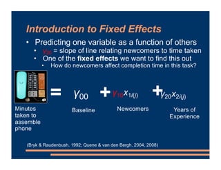 Introduction to Fixed Effects
=
Minutes
taken to
assemble
phone
Newcomers
+ +
Years of
Experience
Baseline
• Predicting on...