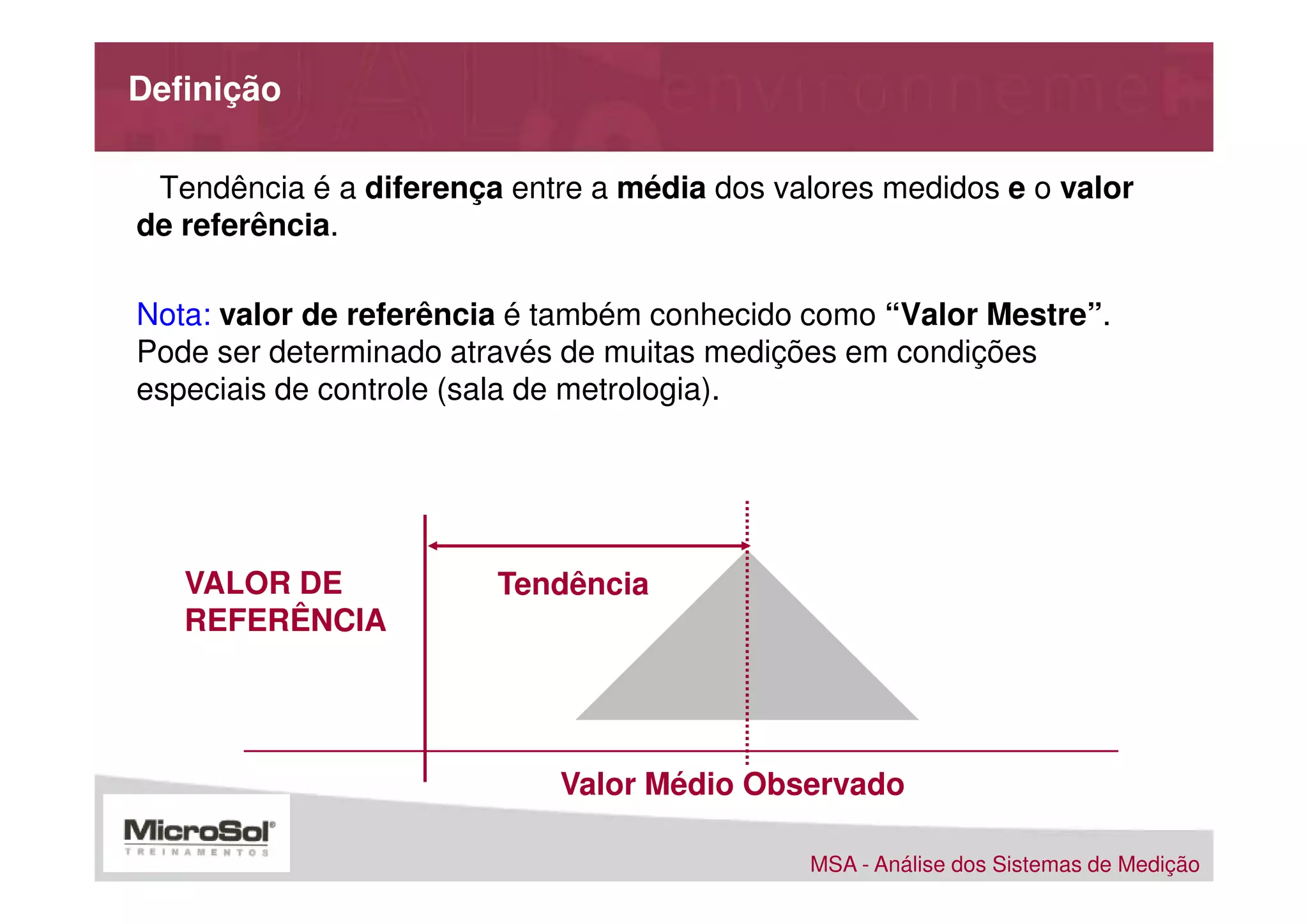 Definição

 Tendência é a diferença entre a média dos valores medidos e o valor
de referência.

Nota: valor de referência é também conhecido como “Valor Mestre”.
Pode ser determinado através de muitas medições em condições
especiais de controle (sala de metrologia).




   VALOR DE             Tendência
   REFERÊNCIA




                            Valor Médio Observado

                                             MSA - Análise dos Sistemas de Medição
 