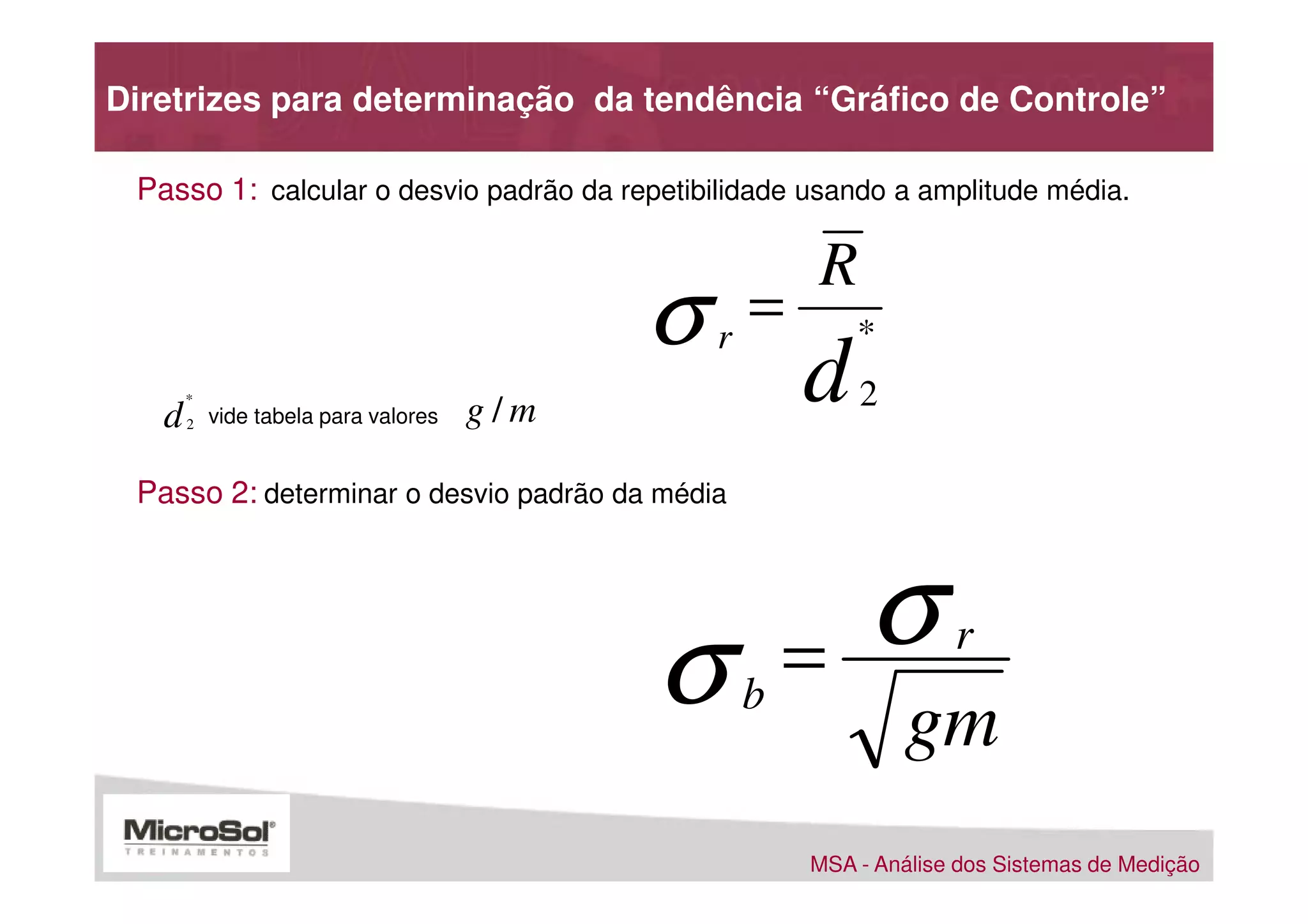 Diretrizes para determinação da tendência “Gráfico de Controle”

 Passo 1: calcular o desvio padrão da repetibilidade usando a amplitude média.

                                                      R
                                            σ   r
                                                  =       *

   d
       *
       2   vide tabela para valores   g/m
                                                      d   2

 Passo 2: determinar o desvio padrão da média




                                            σb =           σ       r

                                                              gm
                                                      MSA - Análise dos Sistemas de Medição
 