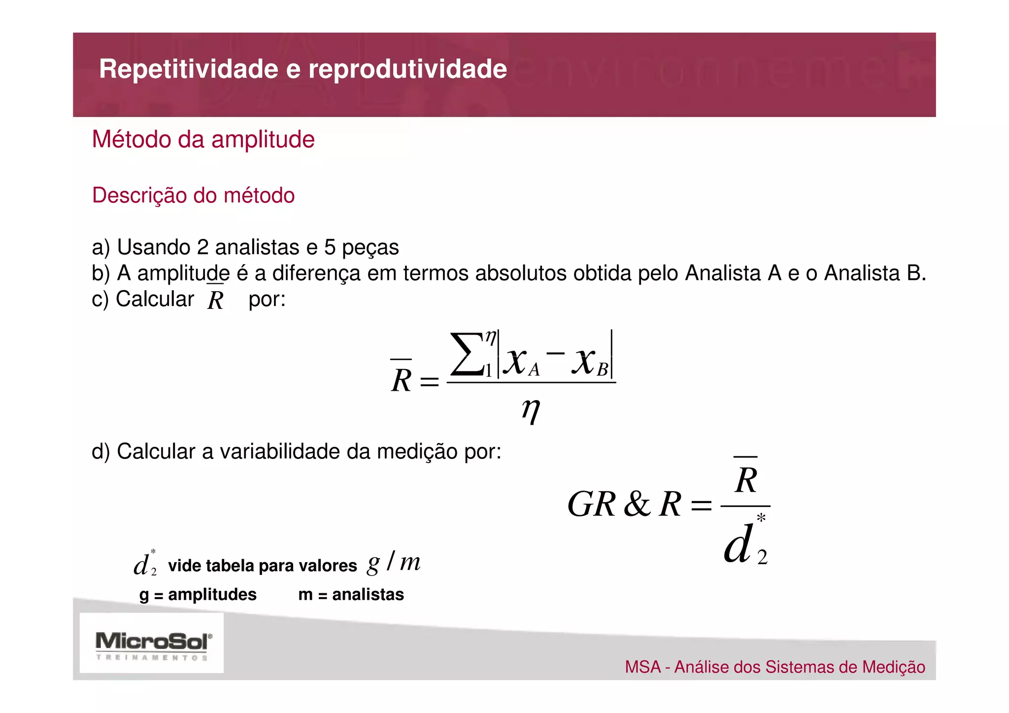 Repetitividade e reprodutividade

Método da amplitude

Descrição do método

a) Usando 2 analistas e 5 peças
b) A amplitude é a diferença em termos absolutos obtida pelo Analista A e o Analista B.
c) Calcular R por:
                                             η

                                        R=
                                           ∑ x −x
                                             1   A    B

                                                 η
d) Calcular a variabilidade da medição por:
                                                                       R
                                                     GR & R =             *

    d
        *
        2   vide tabela para valores   g/m                            d   2
    g = amplitudes          m = analistas



                                                          MSA - Análise dos Sistemas de Medição
 