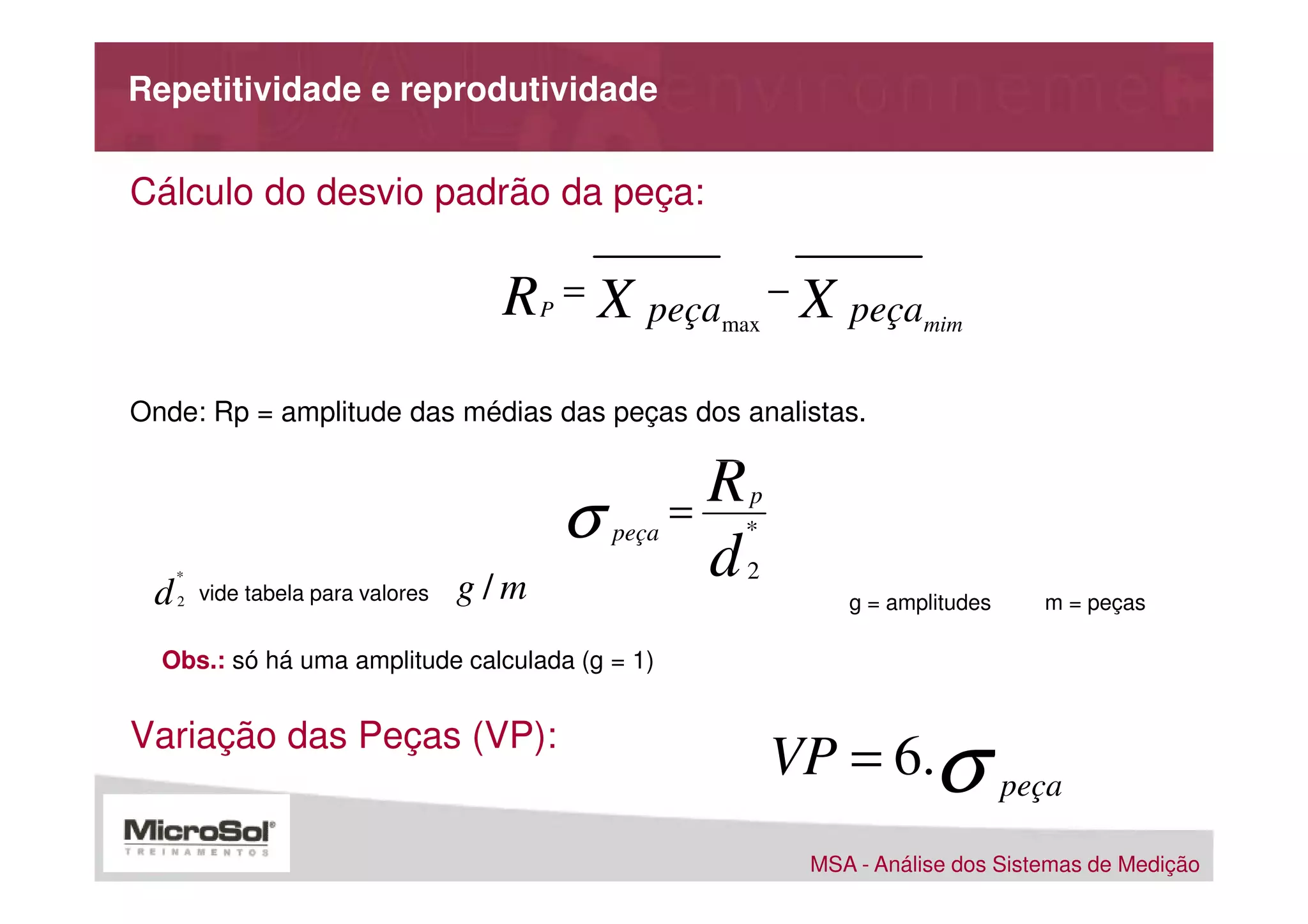 Repetitividade e reprodutividade


Cálculo do desvio padrão da peça:

                                     R    P
                                              =   X peça       − X peça
                                                           max          mim


Onde: Rp = amplitude das médias das peças dos analistas.

                                                           R
                                              σ          =
                                                            p
                                                  peça      *

 d
     *
         vide tabela para valores   g/m
                                                           d   2
     2                                                                 g = amplitudes     m = peças

  Obs.: só há uma amplitude calculada (g = 1)


Variação das Peças (VP):
                                                                   VP = 6.σ peça
                                                                    MSA - Análise dos Sistemas de Medição
 