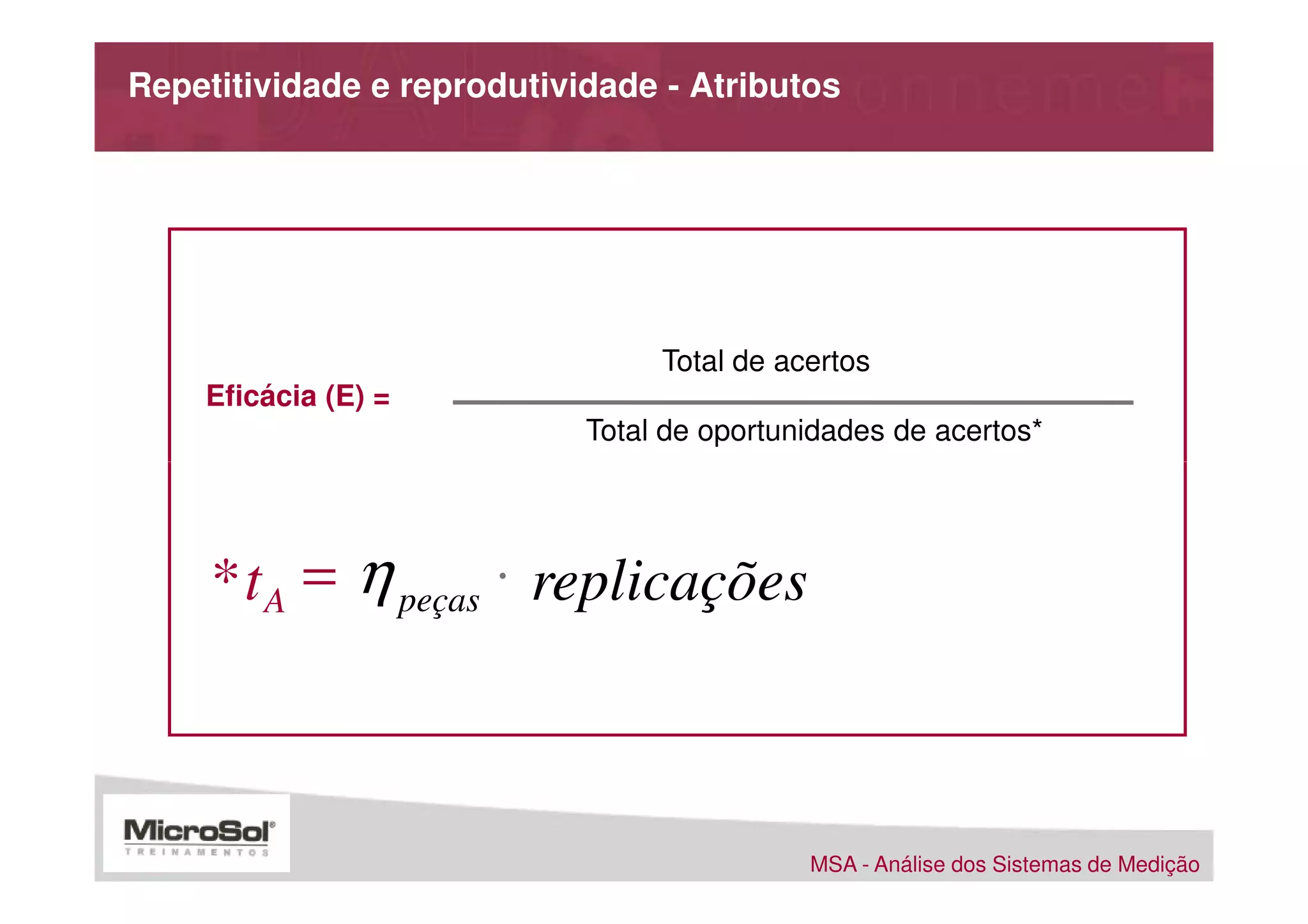 Repetitividade e reprodutividade - Atributos




                                 Total de acertos
    Eficácia (E) =
                            Total de oportunidades de acertos*




     * t A = η peças ⋅ replicações



                                            MSA - Análise dos Sistemas de Medição
 