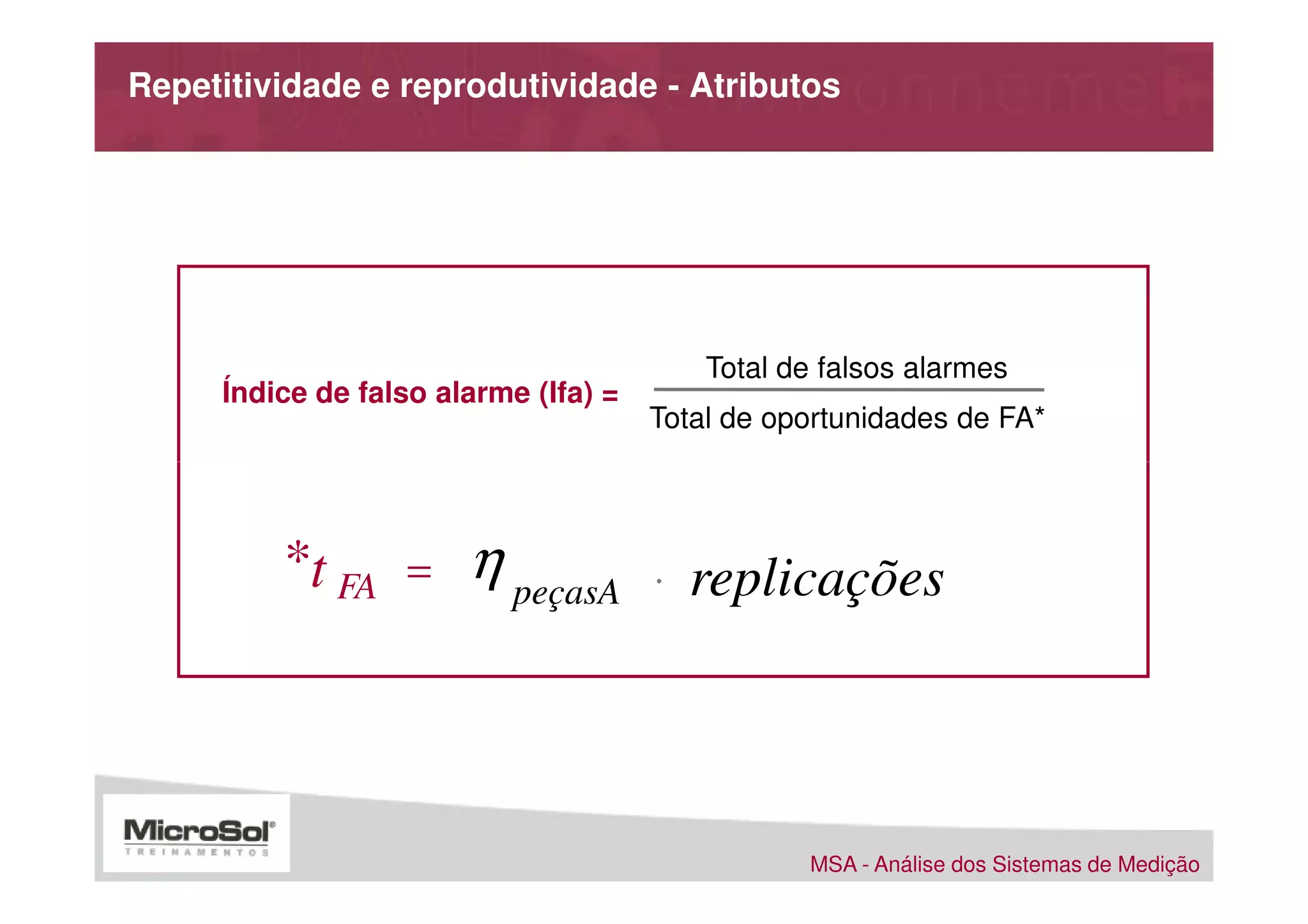 Repetitividade e reprodutividade - Atributos




                                          Total de falsos alarmes
     Índice de falso alarme (Ifa) =
                                      Total de oportunidades de FA*




         *t FA     =   η peçasA       ⋅   replicações



                                                 MSA - Análise dos Sistemas de Medição
 