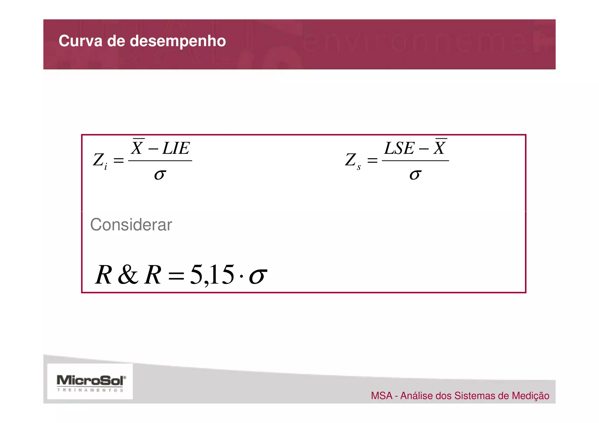 Curva de desempenho




          X − LIE             LSE − X
   Zi =                Zs =
            σ                    σ

   Considerar


    R & R = 5,15 ⋅ σ



                          MSA - Análise dos Sistemas de Medição
 