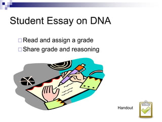 Student Essay on DNA
Read and assign a grade
Share grade and reasoning
Handout
 