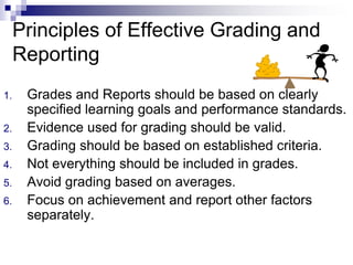 Principles of Effective Grading and
Reporting
1. Grades and Reports should be based on clearly
specified learning goals and performance standards.
2. Evidence used for grading should be valid.
3. Grading should be based on established criteria.
4. Not everything should be included in grades.
5. Avoid grading based on averages.
6. Focus on achievement and report other factors
separately.
 