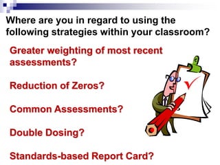 Where are you in regard to using the
following strategies within your classroom?
Greater weighting of most recent
assessments?
Reduction of Zeros?
Common Assessments?
Double Dosing?
Standards-based Report Card?
 