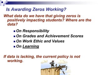 Is Awarding Zeros Working?
What data do we have that giving zeros is
positively impacting students? Where are the
data?
 On Responsibility
 On Grades and Achievement Scores
 On Work Ethic and Values
 On Learning
If data is lacking, the current policy is not
working.
 