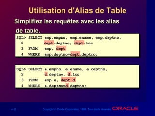 4-12 Copyright © Oracle Corporation, 1998. Tous droits réservés.
Utilisation d'Alias de Table
Simplifiez les requêtes avec les aliasSimplifiez les requêtes avec les alias
de table.de table.
SQL> SELECT emp.empno, emp.ename, emp.deptno,
2 dept.deptno, dept.loc
3 FROM emp, dept
4 WHERE emp.deptno=dept.deptno;
SQL> SELECT e.empno, e.ename, e.deptno,
2 d.deptno, d.loc
3 FROM emp e, dept d
4 WHERE e.deptno=d.deptno;
 