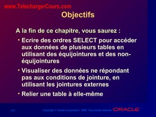 4-2 Copyright © Oracle Corporation, 1998. Tous droits réservés.
Objectifs
A la fin de ce chapitre, vous saurez :A la fin de ce chapitre, vous saurez :
• Ecrire des ordres SELECT pour accéder
aux données de plusieurs tables en
utilisant des équijointures et des non-
équijointures
• Visualiser des données ne répondant
pas aux conditions de jointure, en
utilisant les jointures externes
• Relier une table à elle-même
www.TelechargerCours.com
 