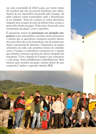 20
em uma comunidade de difícil acesso, por muito tempo
ele acreditou que não era possível abandonar este cultivo.
Através de um intercâmbio promovido pelo Cepagro, ele
pôde conhecer outras propriedades onde a diversificação
já era realidade. “Antes de conhecer as outras alternativas
ninguém teria coragem de parar de plantar fumo, porque a
gente tinha dívida pra pagar. Tinha trator financiado, terra
em prestação pra pagar”, conta o agricultor.
É exatamente através da participação em atividades inte-
gradoras como intercâmbios, encontros técnico-formativos
e oficinas que os agricultores conseguem perceber alterna-
tivas para além não só da fumicultura, mas da própria pro-
dução convencional de alimentos. Organizados em grupos
articulados em rede, com assistência técnica de entidades
como o Cepagro, os agricultores conseguem ter o suporte
que substitui a pretensa segurança do sistema integrado das
fumageiras. “Com a chegada do Cepagro é que começamos
a criar grupo. Antes trabalhávamos individualmente. Hoje
estamos aqui, reunidos em grupo, estamos dentro de uma
cooperativa”, lembra o agricultor Antônio Will.
 