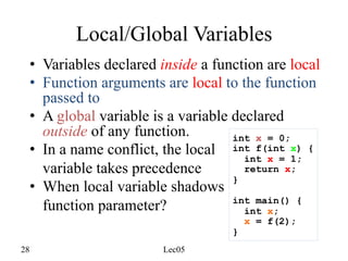28 Lec05
Local/Global Variables
• Variables declared inside a function are local
• Function arguments are local to the function
passed to
• A global variable is a variable declared
outside of any function.
• In a name conflict, the local
variable takes precedence
• When local variable shadows
function parameter?
int x = 0;
int f(int x) {
int x = 1;
return x;
}
int main() {
int x;
x = f(2);
}
 