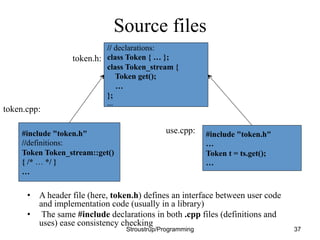 Source files
• A header file (here, token.h) defines an interface between user code
and implementation code (usually in a library)
• The same #include declarations in both .cpp files (definitions and
uses) ease consistency checking
Stroustrup/Programming 37
// declarations:
class Token { … };
class Token_stream {
Token get();
…
};
…
#include "token.h"
//definitions:
Token Token_stream::get()
{ /* … */ }
…
#include "token.h"
…
Token t = ts.get();
…
token.h:
token.cpp:
use.cpp:
 