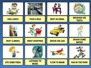 HAD LUNCH TOOK A BUS SENT AN EMAIL
BRUSHED HIS
TEETH
WENT CLIMBING WENT SHOPPING DROVE HIS CAR
DRANK SOME
WATER
ATE SOME PIZZA
LISTENED TO
MUSIC
FLEW TO MIAMI RAN IN THE PARK