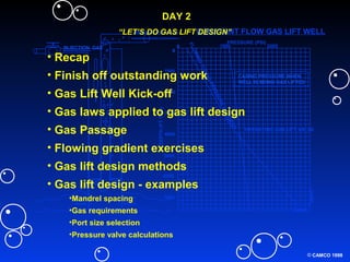 © CAMCO 1998
INJECTION GAS
PRODUCED FLUID
PRESSURE (PSI)
DEPTH(FTTVD)
1000
2000
3000
4000
5000
6000
7000
0
1000 20000
OPERATING GAS LIFT VALVE
CASING PRESSURE WHEN
WELL IS BEING GAS LIFTED
FBHP
SIBHP
FLOWINGTUBINGPRESSUREGRADIENT
CONSTANT FLOW GAS LIFT WELL
DAY 2
“LET’S DO GAS LIFT DESIGN”
• Recap
• Finish off outstanding work
• Gas Lift Well Kick-off
• Gas laws applied to gas lift design
• Gas Passage
• Flowing gradient exercises
• Gas lift design methods
• Gas lift design - examples
•Mandrel spacing
•Gas requirements
•Port size selection
•Pressure valve calculations
 