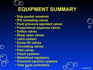 © CAMCO 1998
EQUIPMENT SUMMARY
• Side pocket mandrels
• IPO unloading valves
• Fluid pressure operated valves
• Proportional response valves
• Orifice valves
• Shear open valves
• Latch system
• Dump kill valves
• Circulating valves
• Pilot valves
• Check systems
• Waterflood regulators
• Chemical injection systems
• Time cycle controllers
 