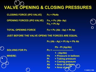 © CAMCO 1998
CLOSING FORCE (IPO VALVE) Fc = PbAb
OPENING FORCES (IPO VALVE) Fo1 = Pc (Ab- Ap)
Fo2 = Pt Ap
TOTAL OPENING FORCE Fo = Pc (Ab - Ap) + Pt Ap
JUST BEFORE THE VALVE OPENS THE FORCES ARE EQUAL
Pc (Ab - Ap) + Pt Ap = Pb Ab
Pb - Pt (Ap/Ab)
SOLVING FOR Pc Pc = --------------------------
1 - (Ap/Ab)
WHERE: Pb = Pressure in bellows
Pt = Tubing pressure
Pc = Casing pressure
Ab = Area of bellows
Ap = Area of port
VALVE OPENING & CLOSING PRESSURES
 