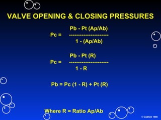 © CAMCO 1998
VALVE OPENING & CLOSING PRESSURES
Pb - Pt (Ap/Ab)
Pc = ----------------------
1 - (Ap/Ab)
Where R = Ratio Ap/Ab
Pb - Pt (R)
Pc = ----------------------
1 - R
Pb = Pc (1 - R) + Pt (R)
 
