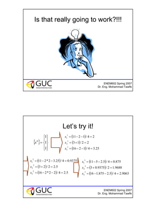 9
ENEM602 Spring 2007
Dr. Eng. Mohammad Tawfik
Is that really going to work?!!!
ENEM602 Spring 2007
Dr. Eng. Mohammad Tawfik
Let’s try it!
{ }










=
1
1
1
0
x
( )
( )
( ) 25.34/1216
22/13
24/1211
1
3
1
2
1
1
=−−=
=+=
=−−=
x
x
x
( )
( )
( ) 5.24/22*216
5.22/23
9375.04/25.32*211
2
3
2
2
2
1
=−−=
=+=
=−−=
x
x
x ( )
( )
( ) 9063.24/5.2875.116
9688.12/9375.03
875.04/5.2511
3
3
3
2
3
1
=−−=
=+=
=−−=
x
x
x
 