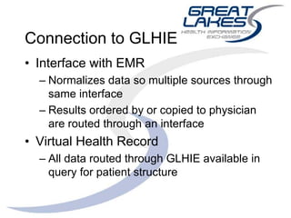Connection to GLHIE
• Interface with EMR
– Normalizes data so multiple sources through
same interface
– Results ordered by or copied to physician
are routed through an interface
• Virtual Health Record
– All data routed through GLHIE available in
query for patient structure
 