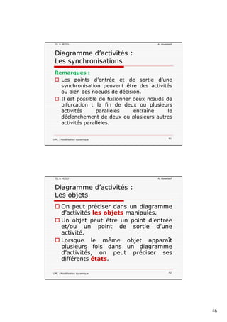 46
GL & MCOO A. Abdellatif
Diagramme d’activités :
Les synchronisations
Remarques :
Les points d’entrée et de sortie d’une
synchronisation peuvent être des activités
ou bien des noeuds de décision.
Il est possible de fusionner deux nœuds de
bifurcation : la fin de deux ou plusieurs
activités parallèles entraîne le
UML : Modélisation dynamique 91
activités parallèles entraîne le
déclenchement de deux ou plusieurs autres
activités parallèles.
GL & MCOO A. Abdellatif
Diagramme d’activités :
Les objets
On peut préciser dans un diagramme
d’ ti ité l bj t i léd’activités les objets manipulés.
Un objet peut être un point d’entrée
et/ou un point de sortie d’une
activité.
Lorsque le même objet apparaît
pl sie s fois dans n diag amme
UML : Modélisation dynamique 92
plusieurs fois dans un diagramme
d’activités, on peut préciser ses
différents états.
 