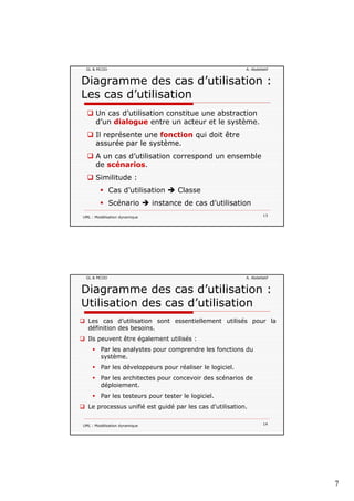 7
GL & MCOO A. Abdellatif
Diagramme des cas d’utilisation :
Les cas d’utilisation
Un cas d’utilisation constitue une abstraction
d’ di l t t t l tèd’un dialogue entre un acteur et le système.
Il représente une fonction qui doit être
assurée par le système.
A un cas d’utilisation correspond un ensemble
de scénarios.
UML : Modélisation dynamique 13
Similitude :
Cas d’utilisation Classe
Scénario instance de cas d’utilisation
GL & MCOO A. Abdellatif
Diagramme des cas d’utilisation :
Utilisation des cas d’utilisation
Les cas d’utilisation sont essentiellement utilisés pour la
définition des besoinsdéfinition des besoins.
Ils peuvent être également utilisés :
Par les analystes pour comprendre les fonctions du
système.
Par les développeurs pour réaliser le logiciel.
Par les architectes pour concevoir des scénarios de
UML : Modélisation dynamique 14
déploiement.
Par les testeurs pour tester le logiciel.
Le processus unifié est guidé par les cas d’utilisation.
 