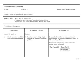 GROWTH AND DEVELOPMENT

GRADE: 3                          LESSON: 5                                                           THEME: DISEASE PREVENTION


CONCEPT: HEALTH IS A SHARED RESPONSIBILITY


PREPARATION: 1. Pocket chart and sentence strips
             2. Prepare a class set of "Sick In Bed" poem (Activity Sheet GD28)
             3. Prepare a class set of Feeling Better worksheet (Activity Sheet GD29)


VOCABULARY: feeling better


             OBJECTIVES                               STUDENT ACTIVITIES                                   TEACHER NOTES

Students will be able to:                 Students:

i)     identify personal responsibilities 1.   Describe some of the things they do     Everyone has been sick at one time. Ask students to
       when recovering from sickness           when they are sick to help themselves   identify some of the things they do when they are sick to'
                                               get better.                             help themselves get better.

                                                                                       Have students respond using a pocket chart and the
                                                                                       sentence pattern as illustrated.




                                                                                                                                            GD 5.37
 