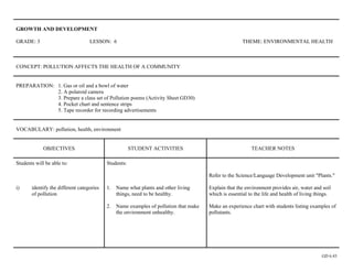 GROWTH AND DEVELOPMENT

GRADE: 3                           LESSON: 6                                                         THEME: ENVIRONMENTAL HEALTH



CONCEPT: POLLUTION AFFECTS THE HEALTH OF A COMMUNITY


PREPARATION: 1. Gas or oil and a bowl of water
             2. A polaroid camera
             3. Prepare a class set of Pollution poems (Activity Sheet GD30)
             4. Pocket chart and sentence strips
             5. Tape recorder for recording advertisements


VOCABULARY: pollution, health, environment


             OBJECTIVES                                STUDENT ACTIVITIES                                TEACHER NOTES

Students will be able to:                  Students:

                                                                                     Refer to the Science/Language Development unit "Plants."

i)     identify the different categories   1. Name what plants and other living      Explain that the environment provides air, water and soil
       of pollution                           things, need to be healthy.            which is essential to the life and health of living things.

                                           2. Name examples of pollution that make   Make an experience chart with students listing examples of
                                              the environment unhealthy.             pollutants.




                                                                                                                                           GD 6.43
 