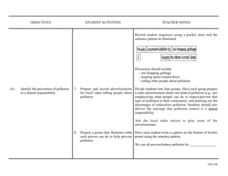 OBJECTIVES                              STUDENT ACTIVITIES                                      TEACHER NOTES


                                                                                          Record student responses using a pocket chart and the
                                                                                          sentence pattern as illustrated.




                                                                                          Discussion should include:
                                                                                             - not dropping garbage
                                                                                             - keeping stereo turned down
                                                                                             - telling other people about pollution

iii)   identify the prevention of pollution   7.   Prepare and record advertisements Divide students into four groups. Have each group prepare
       as a shared responsibility                  for local' radio telling people about a radio advertisement about one kind of pollution (e.g., air)
                                                   pollution.                            emphasizing what people can do to reduce/prevent that
                                                                                         type of pollution in their community, and pointing out the
                                                                                         advantages of reduced/no pollution. Students should also
                                                                                         deliver the message that pollution control is a shared
                                                                                         responsibility.

                                                                                          Ask the local radio station to play some of the
                                                                                          advertisements.

                                              8.   Prepare a poster that illustrates what Have each student write a caption on the bottom of his/her
                                                   each person can do to help prevent poster using the sentence pattern:
                                                   pollution.
                                                                                          We can all prevent/reduce pollution by _______________.




                                                                                                                                               GD 6.46
 