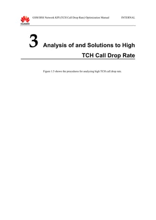 GSM BSS Network KPI (TCH Call Drop Rate) Optimization Manual INTERNAL
3 Analysis of and Solutions to High
TCH Call Drop Rate
Figure 1.5 shows the procedures for analyzing high TCH call drop rate.
 