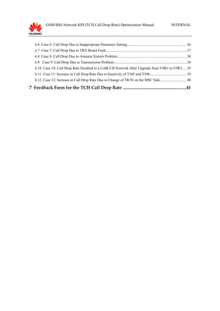 GSM BSS Network KPI (TCH Call Drop Rate) Optimization Manual INTERNAL
6.6 Case 6: Call Drop Due to Inappropriate Parameter Setting................................................................36
6.7 Case 7: Call Drop Due to TRX Board Fault........................................................................................37
6.8 Case 8: Call Drop Due to Antenna System Problem...........................................................................38
6.9 Case 9: Call Drop Due to Transmission Problem...............................................................................38
6.10 Case 10: Call Drop Rate Doubled in a CoBCCH Network After Upgrade from V9R1 to V9R3.....39
6.11 Case 11: Increase in Call Drop Rate Due to Inactivity of T305 and T308........................................39
6.12 Case 12: Increase in Call Drop Rate Due to Change of TR1N on the MSC Side.............................40
7 Feedback Form for the TCH Call Drop Rate .........................................................41
 