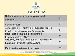 .
PALESTRAS
Sistemas de ensino – sistema nacional
articulado
1h
Controle social 1h
As funções do conselho de educação: papel e
funções, com foco na função normativa
2h
Base legal e estrutura básica para o
funcionamento do CME
1h
A Educação Básica Na Internet – Nacionais e
Estaduais (Produto: Vídeo Autoral)
1h
Participação, articulação e diálogo 1h
 