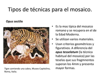 Tipos de técnicas para el mosaico.
Opus sectile
• Es la mas típica del mosaico
romano y se recupera en el de
la Edad Moderna.
• Se utilizan varios materiales.
• Usan criterios geométricos y
figurativos. A diferencia del
opus tesselatum (la técnica
habitual del mosaico) por las
teselas que sus fragmnentos
superan los 4mm y presenta
mayor formas.Tigre comiendo una cabra, Museo Capitolino,
Roma, Italia.
 